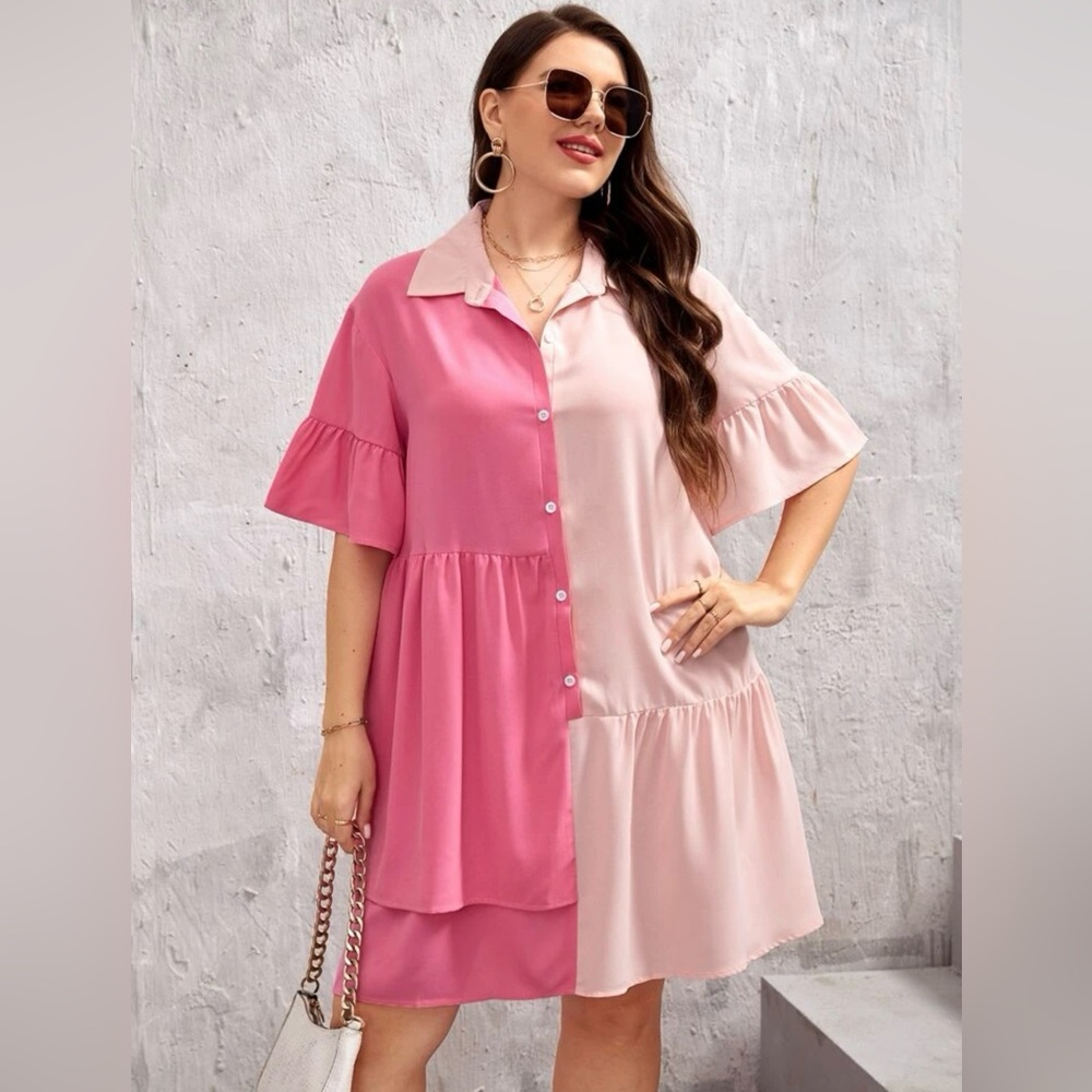 SHEIN VCAY PLUS TWO TONE FLOUNCE SLEEVE SHIRT DRESS